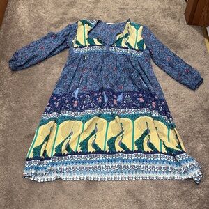 R. Vivimos Peacock Print Boho Dress Multicolor Long Sleeve Flowy Festival SIZE L